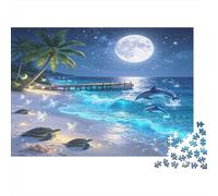 Tropical Beach Dolphin 1000 Piece Jigsaw Puzzle Paper for Adults Moonlit Night Scene with Palm Trees Ocean Waves Family Relaxation Home Gift 52x38cm/1000pcs