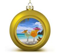 Tropical Beach Drink Christmas Ball Ornaments - 3 Inch Golden Shatterproof Xmas Tree Hanging Decor with Lanyard, Holiday Wedding Party Decoration Keepsake Gifts