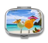 Tropical Beach Drink Pill Box 2 Compartment Portable Travel Pill Case with Mirror Square Metal Medicines Storage Container Pocket Medicine Box to Hold Vitamins Fish Oil