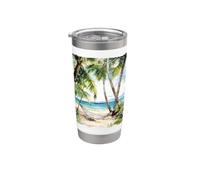 Tropical Beach Hammock Palm Trees Watercolor Seascape Art Stainless Steel Insulated Tumbler