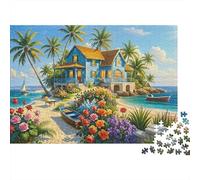 Tropical Beach House Colourful Beach House with Palm Trees 1000 Pieces Jigsaw for Adults The Impossible Challenge Brain Development 70x50cm/1000pcs