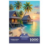 Tropical Beach Hut 1000 Piece Jigsaw Puzzle Paper for Adults Sunset View Puzzle Game for Family Relaxation Home Decor 38x26cm/1000pcs