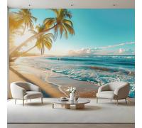 Tropical Beach Island Canvas Peel and Stick Wallpaper Mural Ocean Beach Wave Sunset Romantic Large Removable Self-Adhesive Feature Accent Wall Coverings for Bedroom 350x256 cm