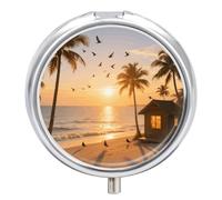 Tropical Beach Metal Pill Organizer, 3 Compartment Waterproof Pill Case with Mirror for Purse Pocket Bag, Daily Medicine Vitamin Holder, Portable Travel Med Container(Round)
