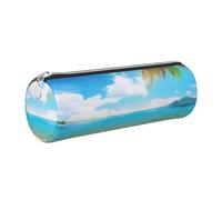Tropical Beach Palm Theme Printed Leather Pencil Case Cute Stationery Organizer Round Makeup Bag Pen Pouch, Silver Zipper
