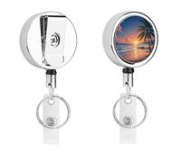 Tropical Beach Palm Tree Badge Reel Retractable Stainless Steel Badge Clip with Lanyard Cute Badges Reel Holder Heavy-Duty Nurse Doctor Name Tag Badges Clip for Work