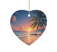 Tropical Beach Palm Tree Ceramic Christmas Ornament Heart Porcelain Hanging Pendant for Xmas Tree Decor Farmhouse Holiday Keepsake Gift for Home Office Decoration
