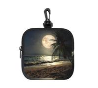 Tropical Beach Palm Tree Night Square Zipper Pouch with All-Over Print,Waterproof Rubber-Fabric, Lightweight Durable Small Organizer Bag for Coins, Cards, Keys