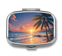 Tropical Beach Palm Tree Pill Box Travel Pill Organizer 2 Compartment Weekly Pill Case with Mirror A Day Medicine Container Medicine Organizer for Purse, Pocket, Or Wallet