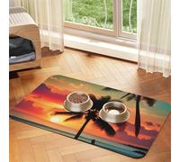 Tropical Beach Palm Tree print PU Leather Feeding Mat for Dogs Cats Pet Food Mat Absorbent Non-Slip Rubber Bottom