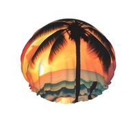 Tropical Beach Palm Tree Print Shower Cap, Lined Shower Cap For Women Reusable, Double Layer Waterproof Bath Cap
