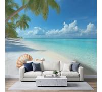 Tropical Beach Palm Tree Seashells Panoramic Photo Wallpaper, Nature 3D Large Wallpaper Wall Murals W250 x H175 cm Hd Printing Non-Woven Mural Poster for Living Room Bedroom Background Decoration