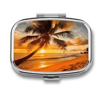 Tropical Beach Palm Tree Square Sunset Pill Organizer, Metal Portable Pill Box, 2 Compartments, Small Medicine Box, Travel Pill Container