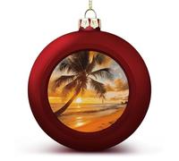 Tropical Beach Palm Tree Sunset Christmas Ball Ornaments - 3 Inch Red Shatterproof Xmas Tree Hanging Decor with Lanyard, Holiday Wedding Party Decoration Keepsake Gifts