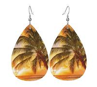 Tropical Beach Palm Tree Sunset Earrings For Women'S Earrings, Leather Earrings For Girls, Novelty Teardrop Earrings, Stylish And Beautiful., One Size, Leather, No Gemstone