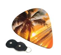 Tropical Beach Palm Tree Sunset Guitar Picks 6 Pack with Leather Guitar Pick Holder Keychain, Plectrum Key Fob Cases Bag, Abstract Art Plectrum for Acoustic Electric Guitar, Ukulele 0.46mm