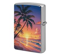Tropical Beach Palm Tree Sunset Lighter Case Metal Protective Cover with Double-Sided Art Design, Cool Lighters Pouch Shockproof Lighter Cover for Men Women Gifts, Lighters Not Included