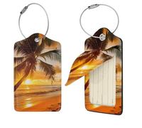 Tropical Beach Palm Tree Sunset Luggage Tags for Suitcases, 4 PCS PU Leather Suitcase Tags Identifiers with Stainless Steel Loop, Privacy Cover ID Label with Address Card, Travel Essentials Bag Tag