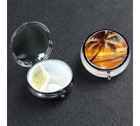 Tropical Beach Palm Tree Sunset Pill Box 3 Compartment Pill Case for Purse or Pocket Small Medicine Organizer with Mirror Travel Pillbox Decorative Metal Vitamin Container Unique Gift