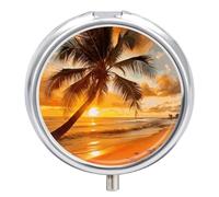 Tropical Beach Palm Tree Sunset Pill Box 3 Compartment Waterproof Pill Container with Mirror Metal Medicine Box Organizer Portable Vitamin Case for Pocket & Purse Travel - Round