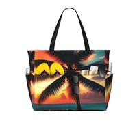 Tropical Beach Palm Tree Sunset Print Beach Bags for Women Large Sandproof Beach Tote Pool Bag with Zipper for Vacation Travel