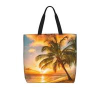 Tropical Beach Palm Tree Sunset Print Canvas Tote Bags for Women Reusable Grocery Bag Large Gym Canvas Cloth Pouch Portable Shopping Handbag with Inner Pocket