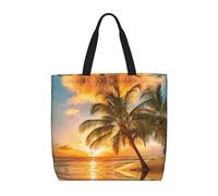 Tropical Beach Palm Tree Sunset Print Canvas Tote Bags for Women Reusable Grocery Bag Large Gym Canvas Cloth Pouch Portable Shopping Handbag with Inner Pocket