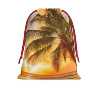 Tropical Beach Palm Tree Sunset Print Christmas Drawstring Gift Bags, Xmas Holiday Fabric Gift Wrapping Bag For Party, Size-L