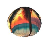 Tropical Beach Palm Tree Sunset Print Shower Cap For Women Lightweight Reusable Softdouble Waterproof Layers Leakproof.