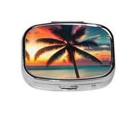 Tropical Beach Palm Tree Sunset Print Square Pill Box,Portable for Pocket Or Purse Pill Organizer Pill Container Holder
