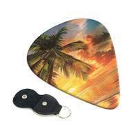 Tropical Beach Palm Tree Sunset Printed Guitar Picks, 6 Pack with Leather Keychain Pick Holder - 0.46mm, 0.71mm, 0.96mm Assorted Thickness for Acoustic Ukulele, Electric Guitar, Acoustic Guitar, Bass
