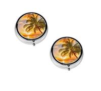 (Tropical Beach Palm Tree Sunset) Round Pill Box with 3 Compartment Small Pill Organizer Portable Pill Case Vitamin Containers, Travel Essentials 4.6x4.6x1.8 cm