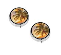 (Tropical Beach Palm Tree Sunset) Round Pill Box with 3 Compartment Small Pill Organizer Portable Pill Case Vitamin Containers, Travel Essentials 4.6x4.6x1.8 cm