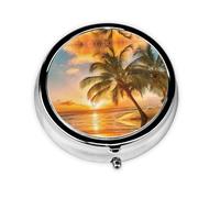 Tropical Beach Palm Tree Sunset This Small, Round, Three-Compartment Travel Pill Box is Perfect for Storing Daily medications, Vitamins, and on-The-go.