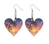 Tropical Beach Palm Tree Sunset Wooden Earrings Jewelry Gifts, Lightweight Vintage Natural Wood Pendants Classic Artistic Wooden Earring Hooks for Women