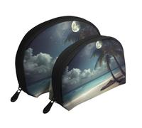 Tropical Beach Palm Tree with Full Moon Print Shell-Shaped 2-Piece Makeup Bag Set Travel Cosmetic Organiser Stylish Storage for Beauty & Gifts for Women Girls