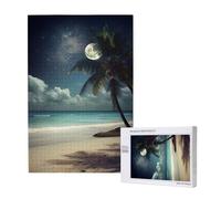 Tropical Beach Palm Tree with Full Moon Printed Jigsaw Puzzle with Storage Box, Wooden Puzzle for Adults and Kids, 1000 Pieces Family Fun Decorative Game
