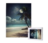 Tropical Beach Palm Tree with Full Moon Printed Jigsaw Puzzle with Storage Box, Wooden Puzzle for Adults and Kids, 500 Pieces Family Fun Decorative Game