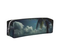 Tropical Beach Palm Tree with Full Moon Printed Leather Pencil Case Cute Stationery Organizer Simple Makeup Bag Pen Pouch, Silver Zipper