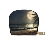 Tropical Beach Palm Tree with Full Moon Starry Night Leather Semi-Circular Card Bag, Compact and Convenient, Easy to Store