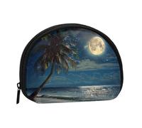 Tropical Beach Palm Tree with Full Moon Starry Night Print Coin Purse, Portable Coin Purse with Zip, Cosmetic Bag, Coin Holder Purse, Women's Mini Makeup Bag for Storing Change, Cards, Keys