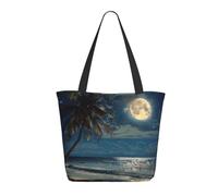 Tropical Beach Palm Tree with Full Moon Starry Night Print Large Tote Bag, Reusable Aesthetic Tote Bag Shopping Bag Shoulder Handbags with Zipper and Inner Pocket for Women, Cute, Gym, Work, Travel
