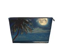 Tropical Beach Palm Tree with Full Moon Starry Night Print Makeup Bag, Small Travel Cosmetic Bag Toiletry Bag Portable Makeup Pouch with Silver Zipper for Women Girls