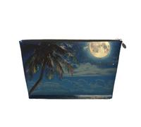 Tropical Beach Palm Tree with Full Moon Starry Night Print Makeup Bag, Small Travel Cosmetic Bag Toiletry Bag Portable Makeup Pouch with Gold Zipper for Women Girls