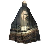 Tropical Beach Palm Tree with Full Moon Starry Night print Unisex Medieval Viking Hooded Cape Cloak for Halloween Cosplay, Christmas Party Costume Outfits