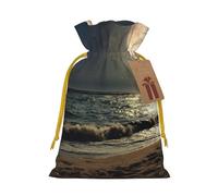 Tropical Beach Palm Tree with Full Moon Starry Night Printed Christmas Drawstring Bags with Yellow Christmas Ribbon - Reusable Burlap Drawstring Gift Pouches, S