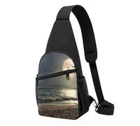 Tropical Beach Palm Tree with Full Moon Starry Night Printed Sling Bag for Women Men Crossbody Chest Bag Casual Daypack for Travel Hiking Running
