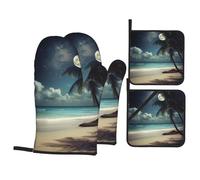 Tropical Beach Palm Tree With Full Moon Tropical Beach Palm Tree with Full Moon Printed Oven Mitts and Pot Holders Set of 4 - Waterproof Heat Resistant Gloves and Potholders with Hanging Loop