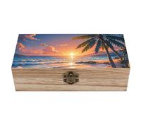 Tropical Beach Palm Tree Wooden Decorative Storage Box Jewelry Storage Bins with Hinged Lock Vintage Keepsake Chest for Organizing Rings, Necklaces, Trinkets Storage Container for Women, Mom Gift