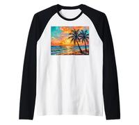 Tropical Beach Palm Trees at Sunset Colorful Ocean Artwork Raglan Baseball Tee